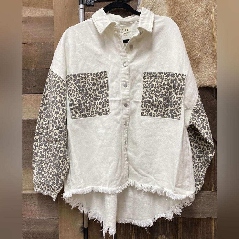 POL Leopard Print Contrast Denim Jacket Women's Size Small